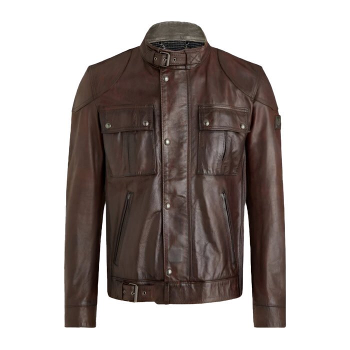 Brown hand-waxed leather motorcycle jacket with snap collar and front pockets.