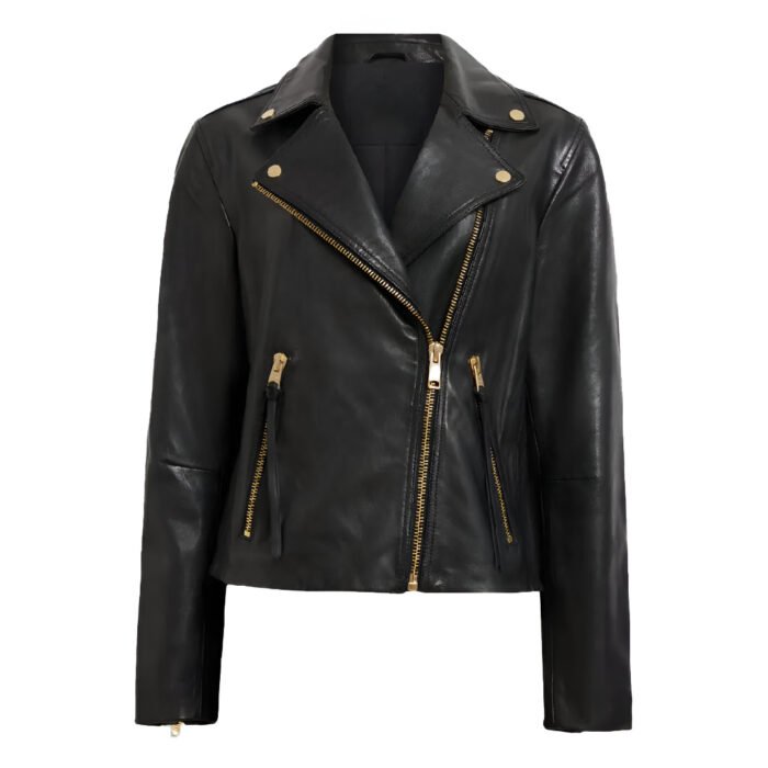 Black Dalby Slim Fit Leather Biker Jacket with gold zippers and classic asymmetric front design