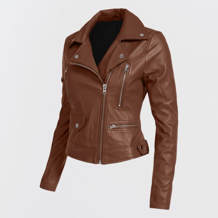 Aurora Women’s Classic Biker Leather Jacket – 45° angle view on model, stylish biker look