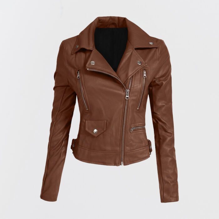 Aurora Women’s Classic Biker Leather Jacket front view in brown genuine leather
