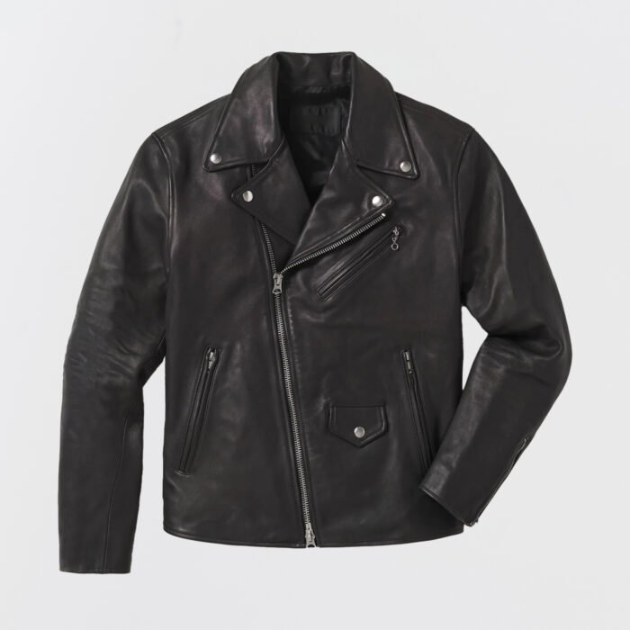 Bruiser Leather Moto Jacket in black with asymmetrical zipper and classic biker design