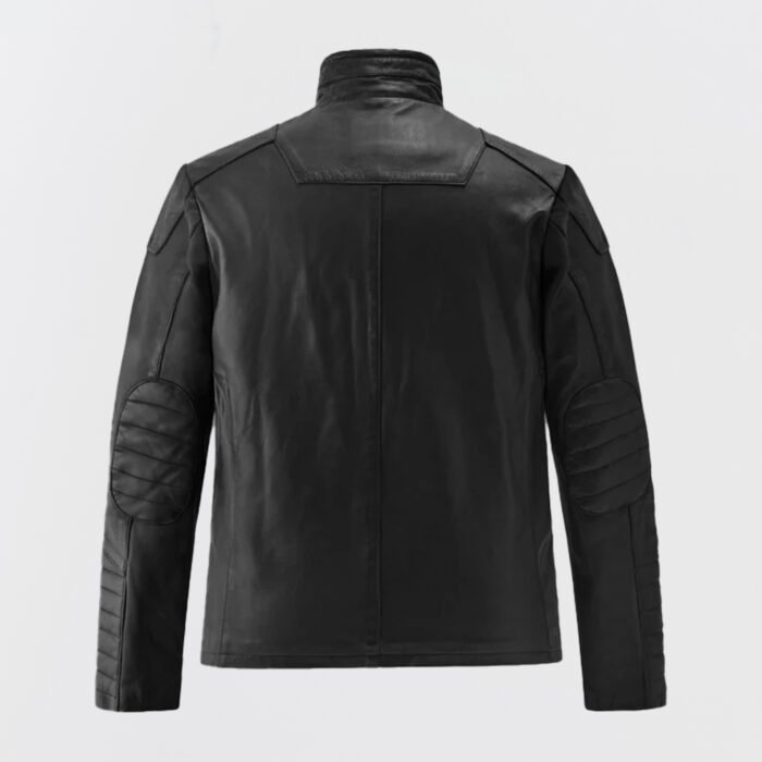 Men’s cafe racer leather jacket with stand-up collar and minimalist motorcycle design