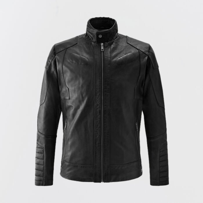 Men’s cafe racer leather jacket with stand-up collar and minimalist motorcycle design
