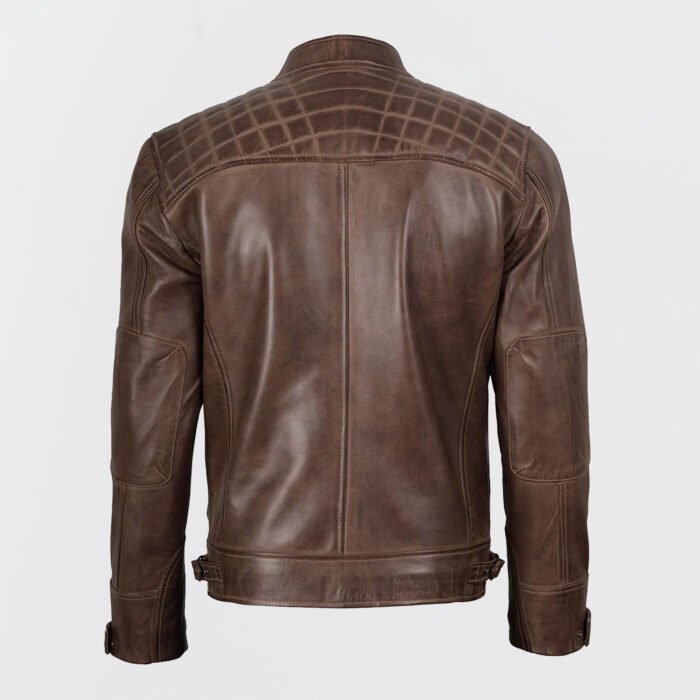Chocolate brown men’s genuine leather cafe racer jacket with quilted shoulders