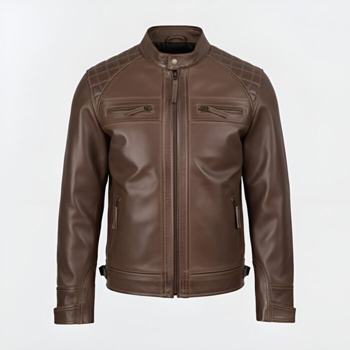 Chocolate brown café racer men’s leather jacket with stand collar and minimalist biker design