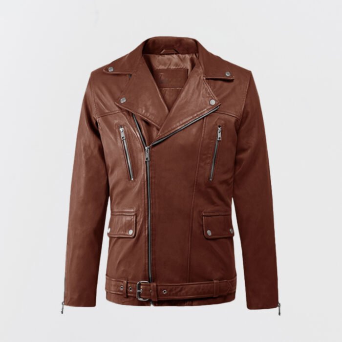 Dauntless tan biker leather jacket with asymmetrical zipper, metal hardware, and multiple pockets