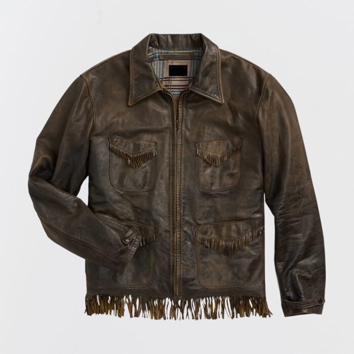 Vintage-style distressed leather jacket with fringe detailing on pockets and hem.