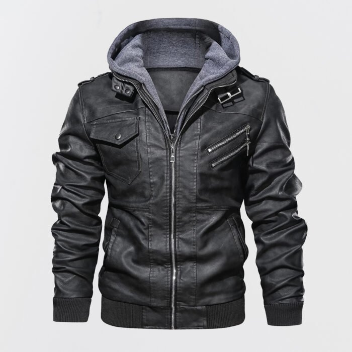 Hood Crew men’s PU faux leather bomber jacket with stand collar and removable hood