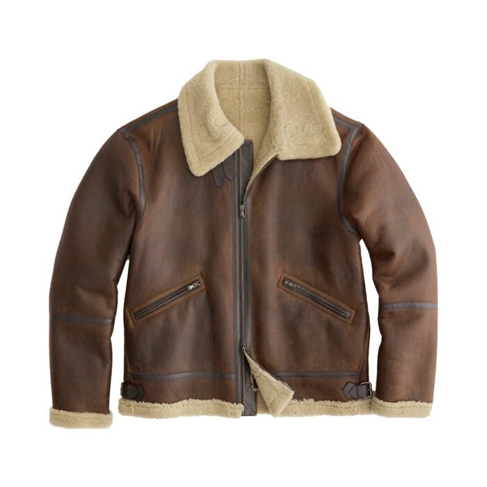 Italian shearling flight jacket in brown with contrasting leather seams, shearling-lined interior, double throat-latch buckle, and zippered pockets