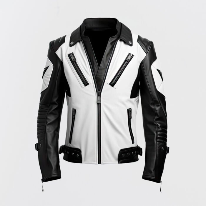 Men’s black and white genuine sheepskin biker leather jacket with reinforced shoulders and zip details