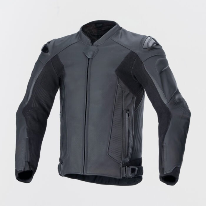 Men’s motorcycle leather jacket with reinforced shoulders, elbows, and breathable riding panels