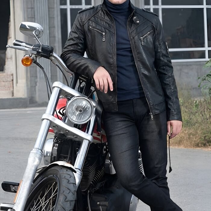 Men’s slim fit black biker jacket made from premium genuine leather. Featuring classic motorcycle styling, durable zippers, and a modern tailored fit.
