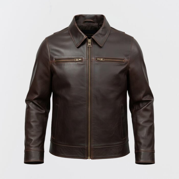 Ravenfield Men’s Classic Leather Jacket front view in dark brown genuine leather with legacy-inspired design