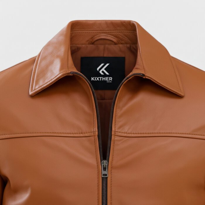 Urban Core leather jacket zipper and collar detail close-up