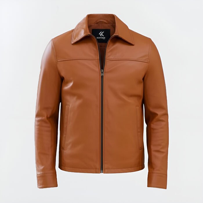 Urban Core men’s leather jacket front view in tan brown genuine leather