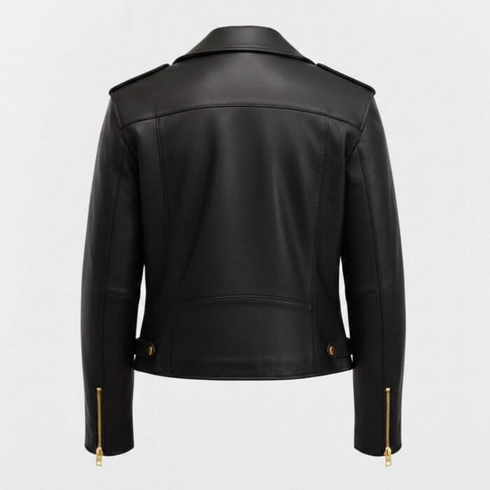 Back view of women’s black leather Balfern biker jacket