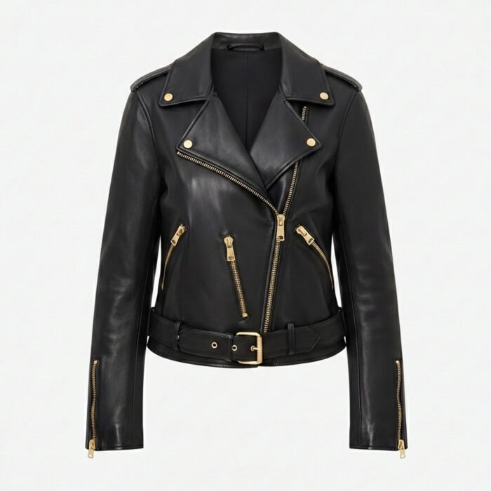 Women’s black leather Balfern biker jacket with gold zippers and belted waist, front view