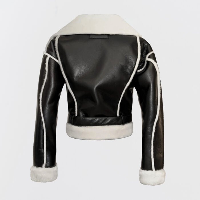 Women’s Icewind Jacket in black with ivory shearling collar and belted cropped design