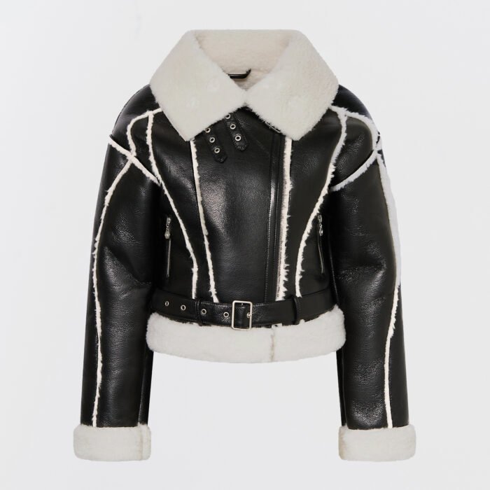 Women’s Icewind Jacket in black with ivory shearling collar and belted cropped design