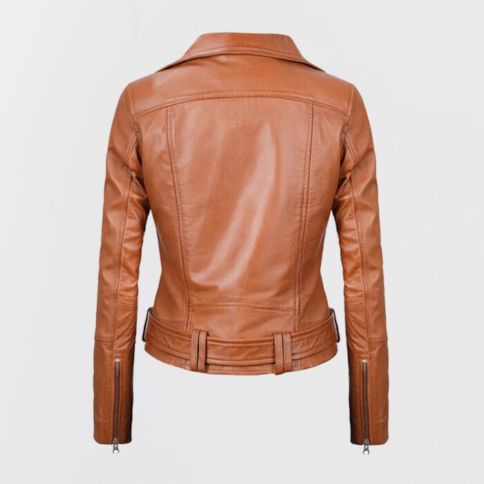 Women’s brown leather motorcycle jacket with an asymmetrical zip and belt – front view.
