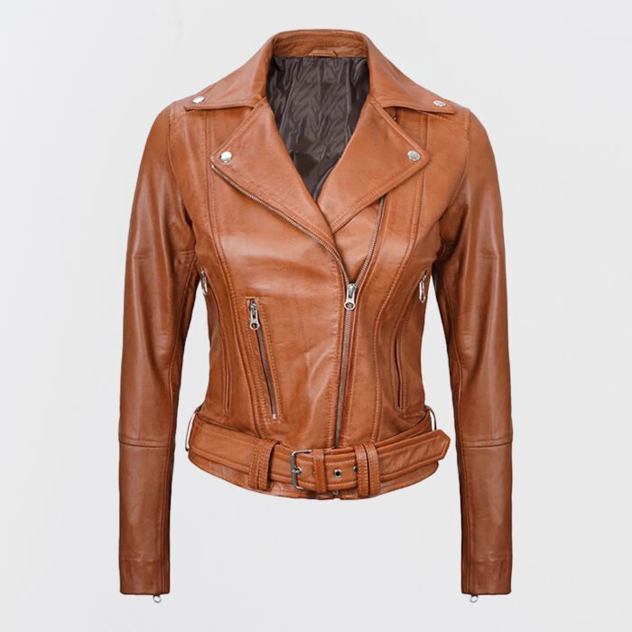 Women’s brown leather motorcycle jacket with an asymmetrical zip and belt – front view.