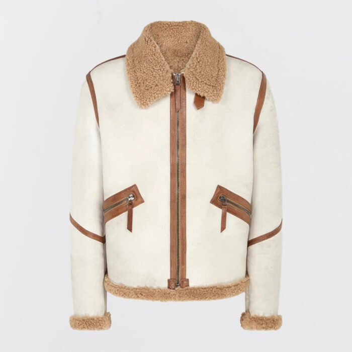 Centenary Flight Shearling Leather Jacket for Men – White with Brown Leather Trim