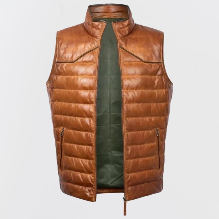 Men’s brown real leather vest with quilted design and front zipper