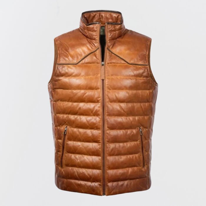 Men’s Brown Real Leather Puffer Vest – Genuine Leather Sleeveless Jacket