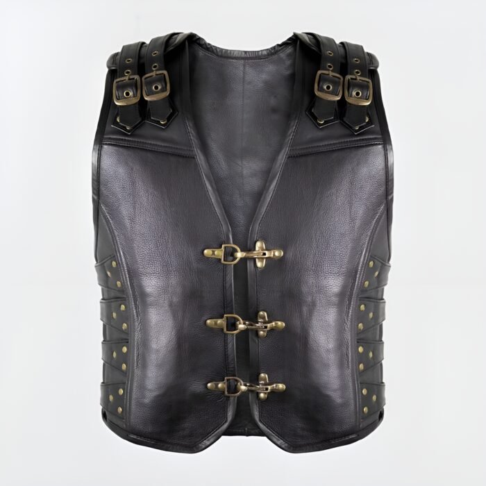 Men’s double leather biker vest with adjustable buckles in black genuine leather