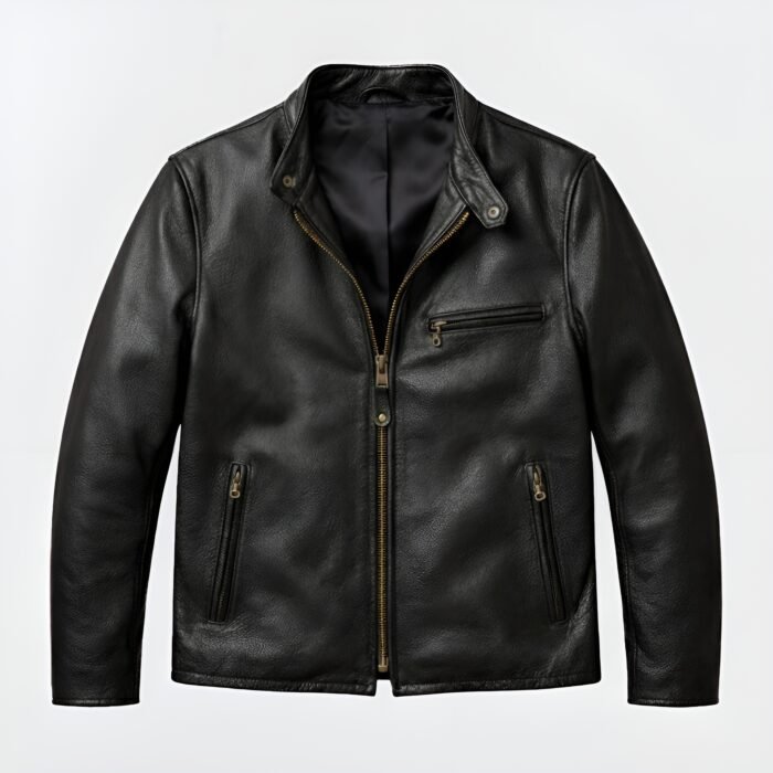 Men’s waxed pebbled cowhide café leather jacket front view with zip closure