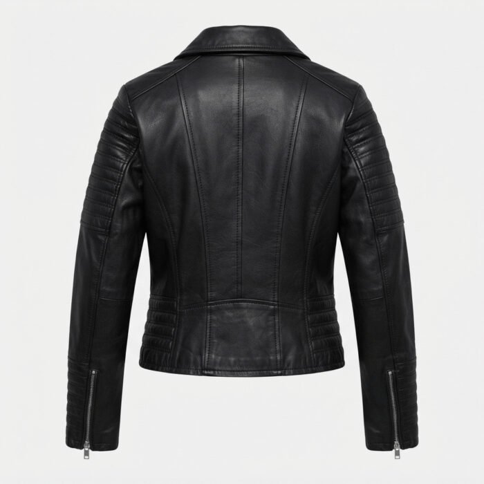 Women’s black asymmetrical biker leather jacket – back view